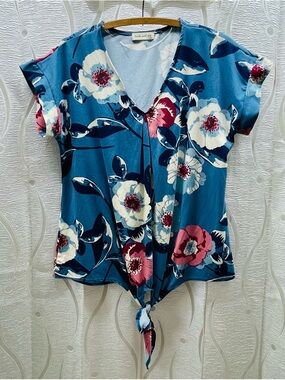 Faith‎ and Joy Floral Blouse Womens Small Blue V-Neck Tie Front Excellent Boho